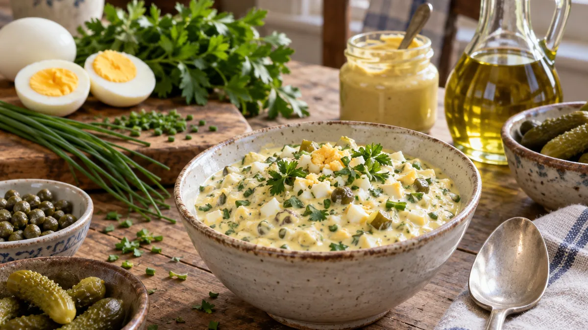 Sauce gribiche aux œufs durs, câpres et cornichons dans un bol, plan rapproché